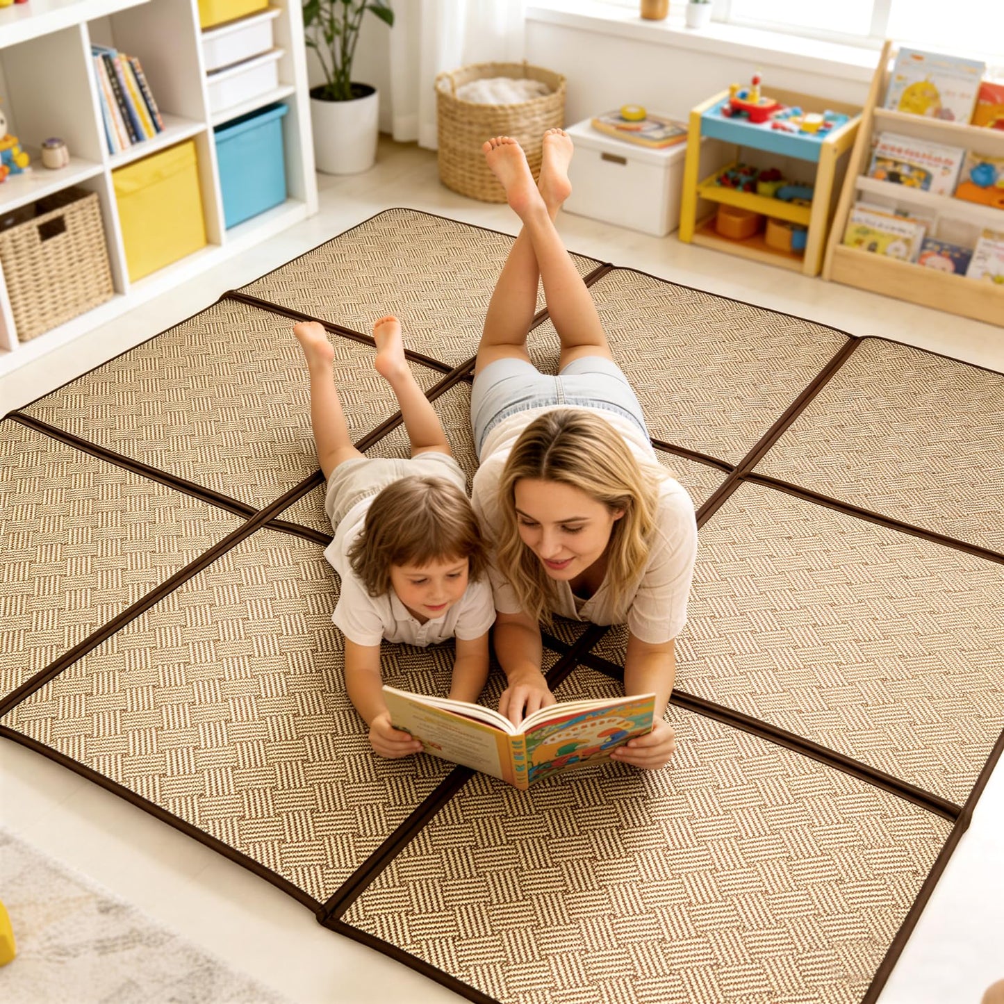 71'' x 71'' Large Japanese Tatami Mat, 0.47'' Thickness Foldable Rattan Japanese Floor Mats with Storage Bag, Non-Slip Breathable Memory Foam Area Rug Living Room Bedroom Yoga