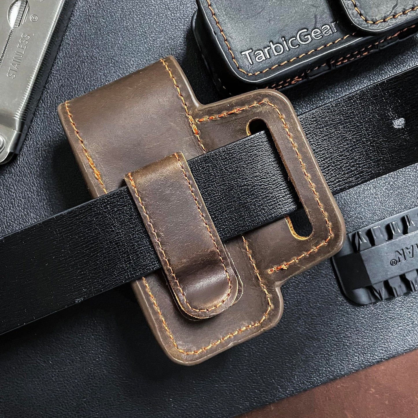 TarbicGear Leather Multitool Sheath for Belt, Multitool Holster with Belt Clip for Men, Pocket Organizer for Work, Fits for Leatherman, SOG, Gerber Tools, Dark Brown, Large