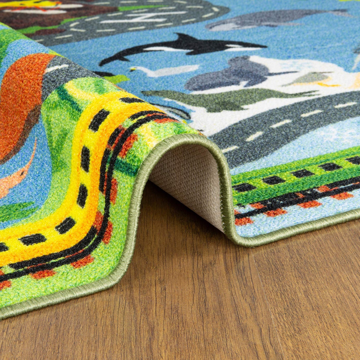 KC Cubs: Educational Rug: Animal Safari Road Map - 8x10' Playmat -Interactive Toy Car Route, Activity Area Carpet, Bedroom-Classroom, Baby-Toddler-Kid