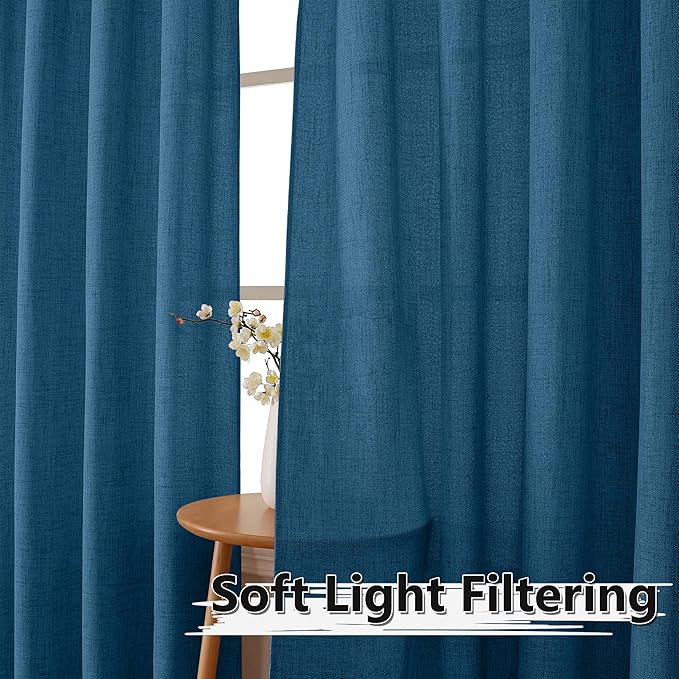 Tollpiz Linen Curtains Bedroom Rod Pocket Semi Sheer Curtain Burlap Light Filtering Thick Linen Drapes for Living Room, 54 x 84 inches Long, Classic Blue, Set of 2 Panels