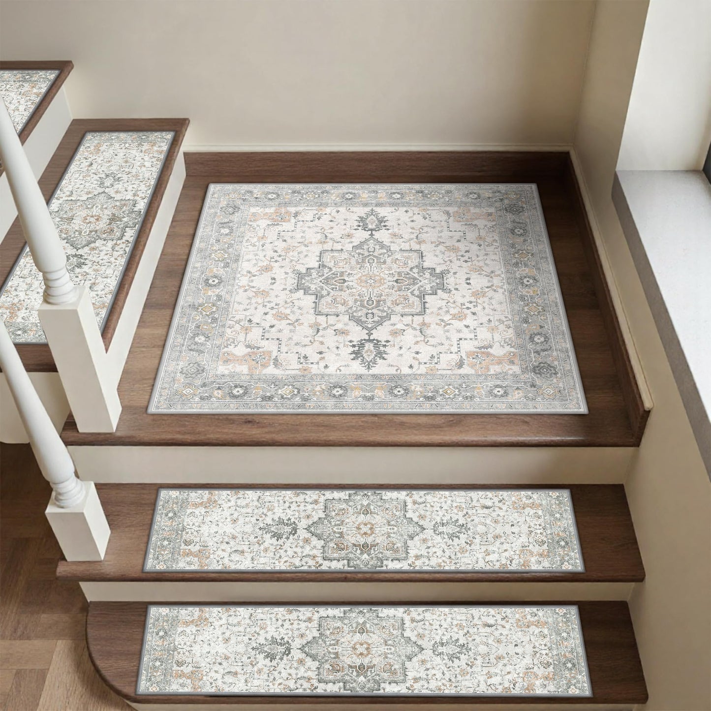 sarben Non Slip Stair Treads for Wooden Steps 1PCS - 30"x30" Indoor Safety Carpet, Edging Mats with TPE Adhesive Backing, Pet and Elderly Friendly Stair Rugs (Taupe)