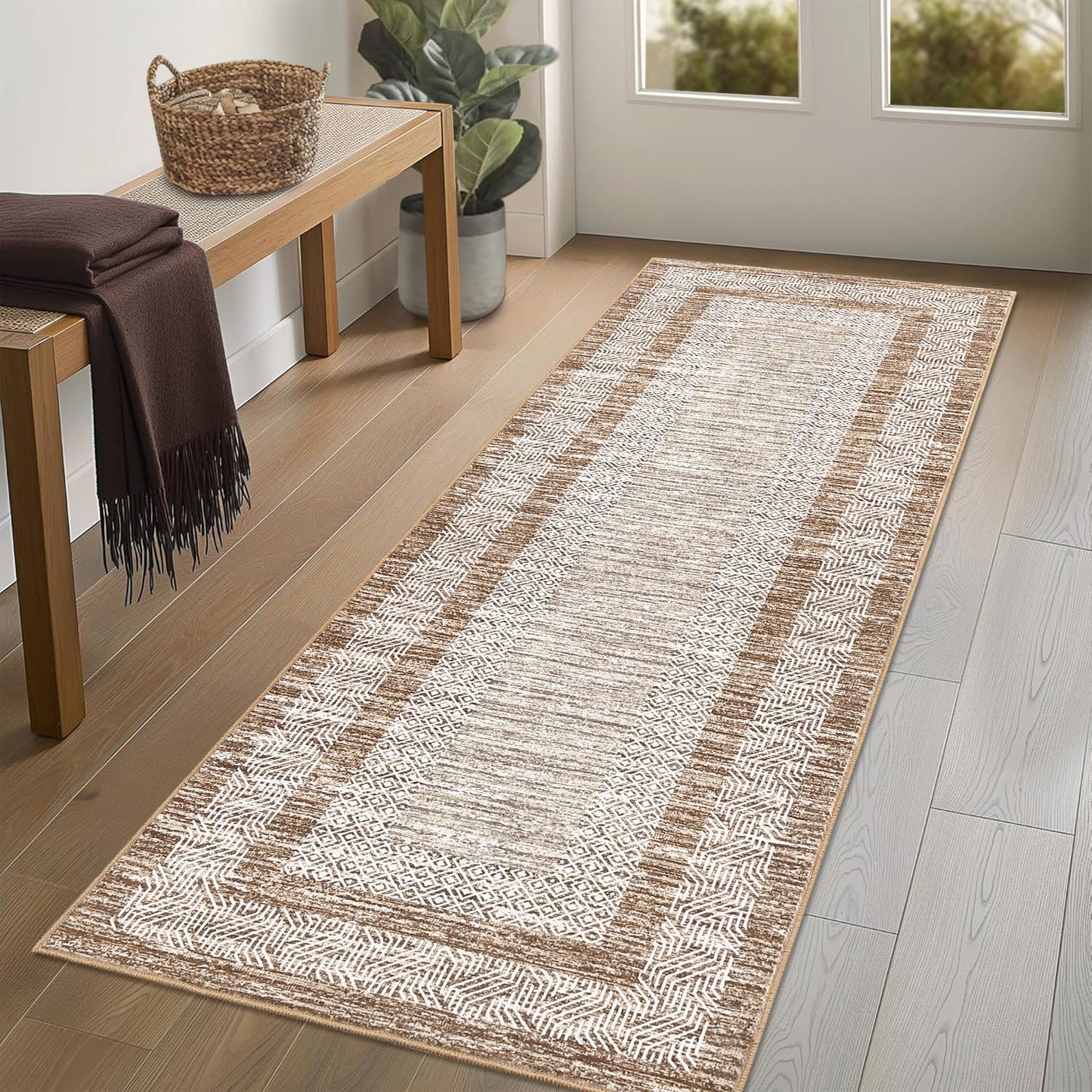 GarveeHome 2x6 Modern Bordered Runner Rug Soft Non Slip Runner Washable Non Shedding Floor Carpet, Distressed Geometric Hallway Runner, Indoor Printed Runner for Kitchen, Entrance, Brown