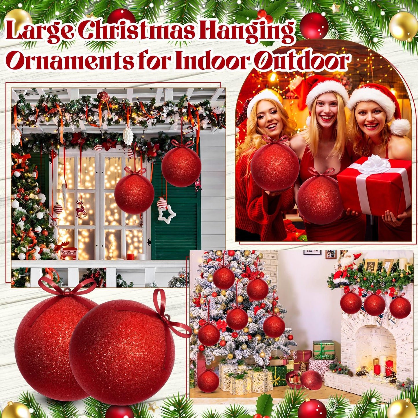 Zubebe 2 Pcs 8" Giant Fillable Christmas Ornaments with Ribbons Oversized Plastic Xmas Balls for Outdoor Lawn Yard Decor, Tree Hanging, Holiday Gifts(Glitter Red)