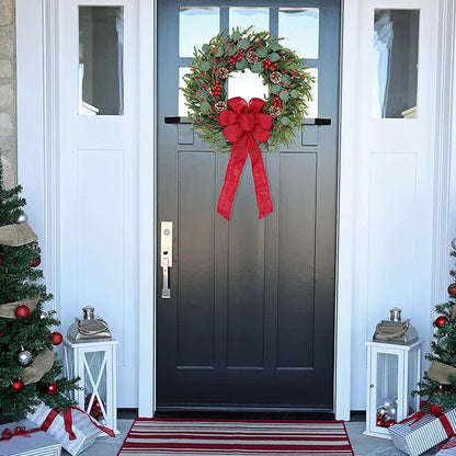 Artificial Christmas Wreath 24Inch Christmas Wreaths for Front Door Norfolk Pine Wreath with Eucalyptus Leaves Red Berries Pine Cones Red Bow for Wall Indoor Outdoor Winter Xmas Decoration