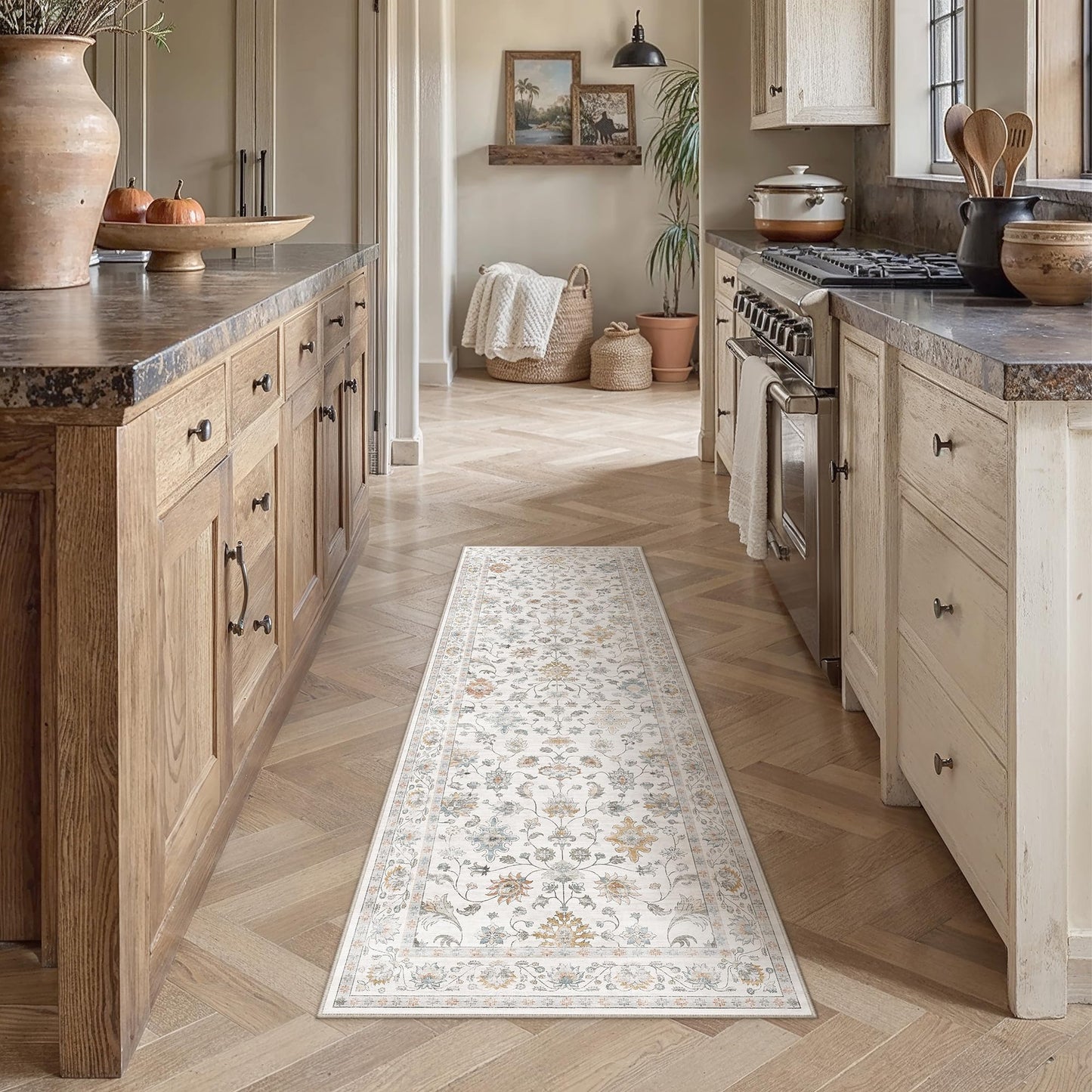 HUGEAR 2x6 Runner Rug Hallway Vintage Grey Beige Machine Washable Retro Floral Low Pile Carpet Vacuumable Distressed Long Throw Rug Bedroom Office Bathroom Kitchen Farmhouse Playroom Non Slip