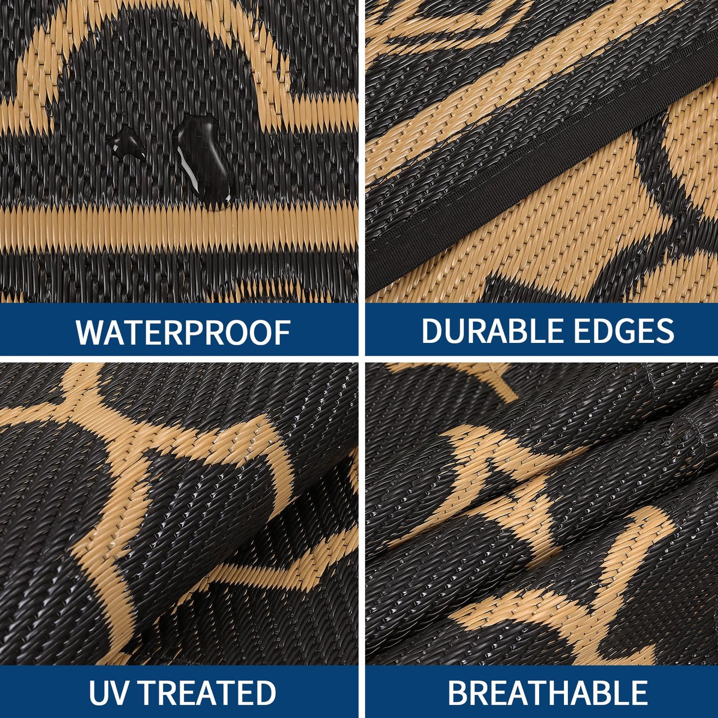 GlowSol Outdoor Rug Waterproof 8x10 ft Reversible Outdoor Plastic Straw Patio Rugs,Foldable Camping Rug with Carry Bag, RV Mat Outside Rugs for Patio,Picnic,Balcony,Deck,Backyard,Pool, Black/Brown