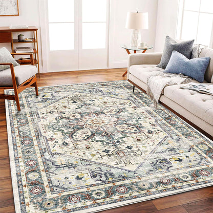 CHAMPLANT Washable Area Rug 10'x14' Cyan Khaki Retro Flowers Boho Design Non-Shedding Easy Care Ideal for High Traffic Areas in Living Room Bedroom Office Coffee Table Kitchen Large Carpet