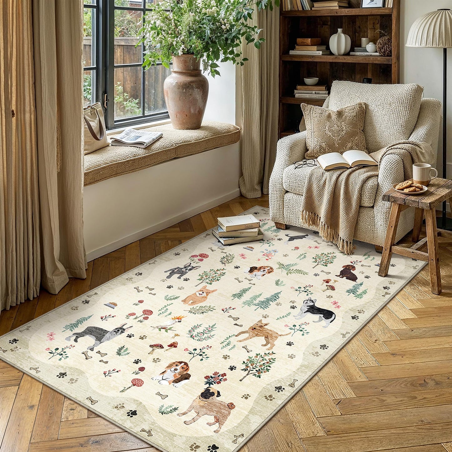 PureCozy 4x6 Entryway Area Rug Washable Floral Animal Office Carpet Non Slip Low Pile Stain Resistant Door Mat Soft Beige Dog Printed Throw Floor Cover for Kitchen Bedroom Living Dining Room