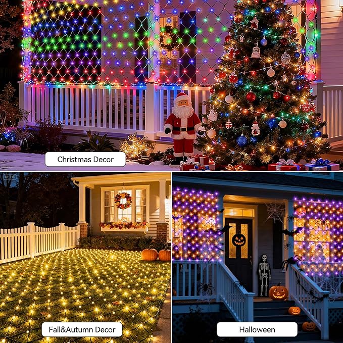 Obrecis Christmas Outdoor Net Lights, 204 LED 35 Color Changing Mesh Lights, 9.8 ft x 6.6 ft Waterproof Connectable Multicolored Halloween String Lights for Bushes Xmas Tree Wedding Party Home Decor