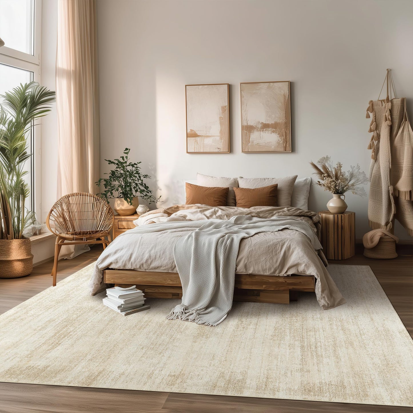 BILEEHOME 5x8 Area Rugs for Living Room, Neutral Abstract Modern Farmhouse Boho Rugs for Dining Room Bedroom, Tan Brown with Cream Beige