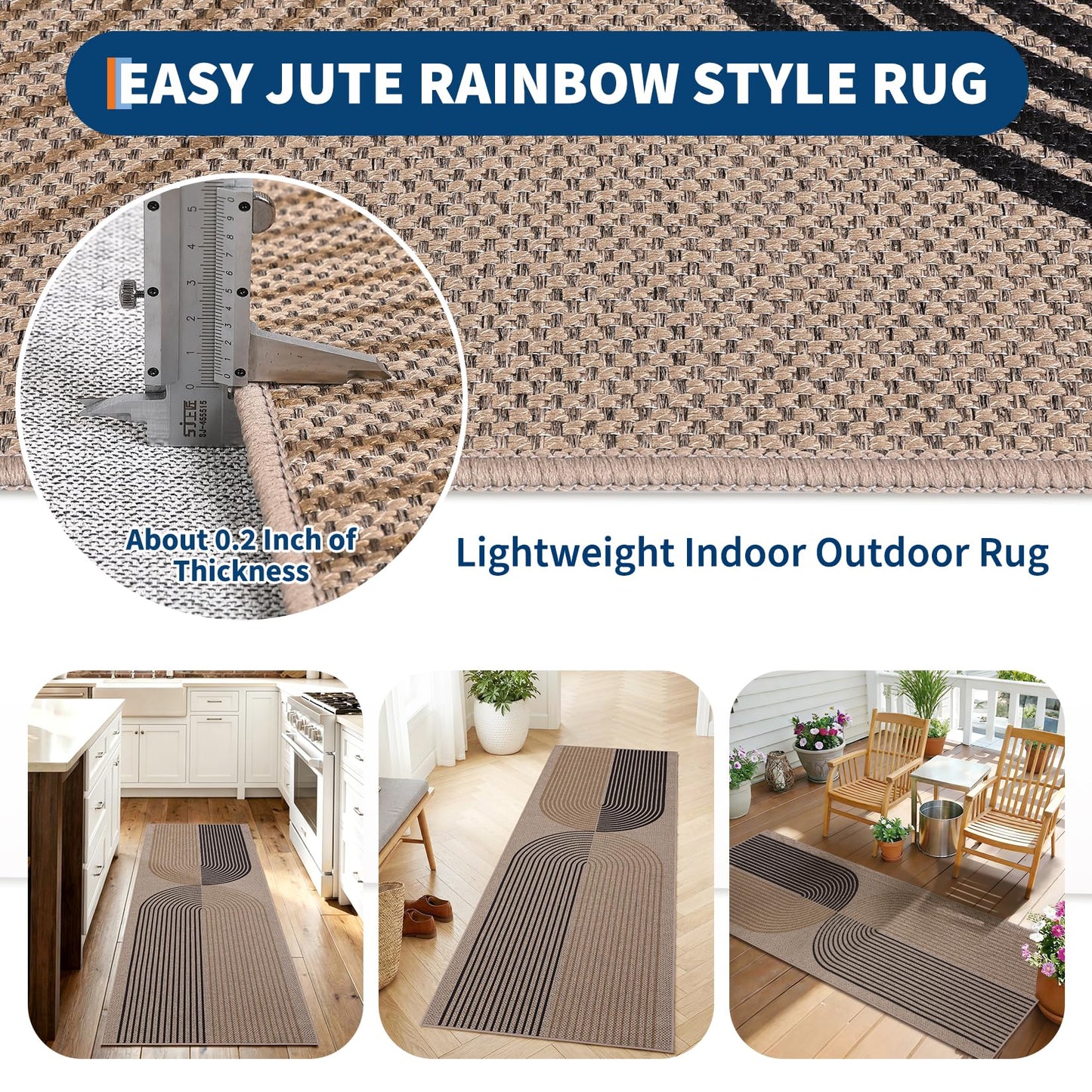 GarveeHome Easy Jute 2x8 Runner Rugs Modern Rainbow Rug for Hallway Kitchen Non Slip Indoor Outdoor Runner Door Mat for Laundry Porch