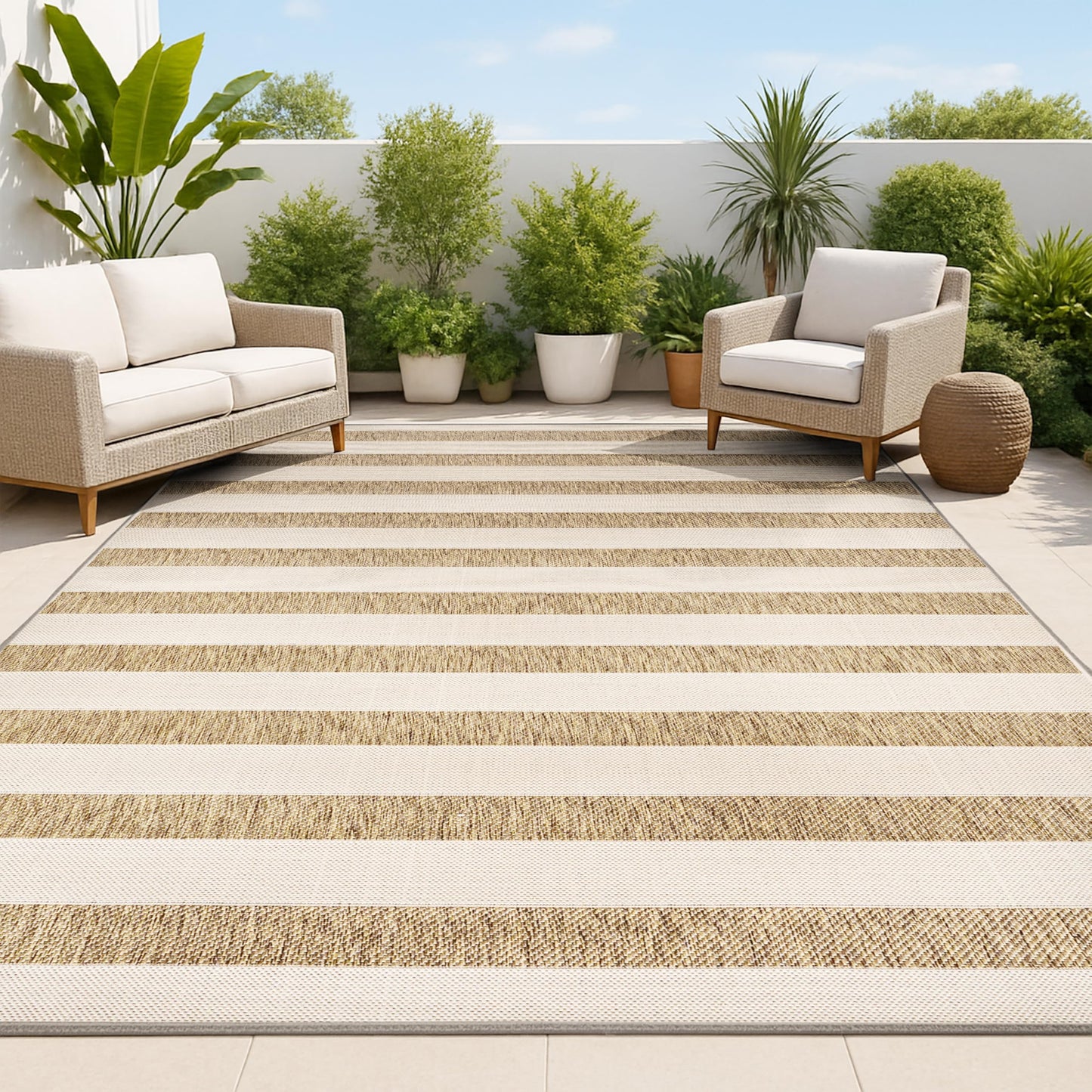 JONATHAN Y Wide Stripe Indoor Outdoor Area Rug 4X6 Beige/Brown, Aveiro for Backyard, Patio, Porch, Easy-Cleaning, High Traffic, Pet-Friendly, Non-Shedding (SMB112A-4)