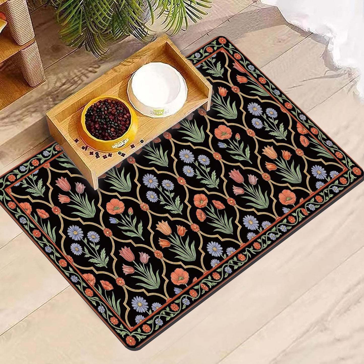 Pet Feeding Mat 24 x 16 Inch, Black Floral Pet Placemat Absorbent Quick-Dry for Food and Water, Waterproof Non Slip Rubber Bowl Pad Mat for Floors