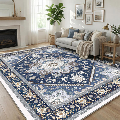 OPPODREAM Soft Area Rugs 9x12 Living Room, Washable Rugs 9x12 with Non Slip Backing, Faux Cashmere Low-Pile 9 x 12 Carpet, Navy Blue & Gold