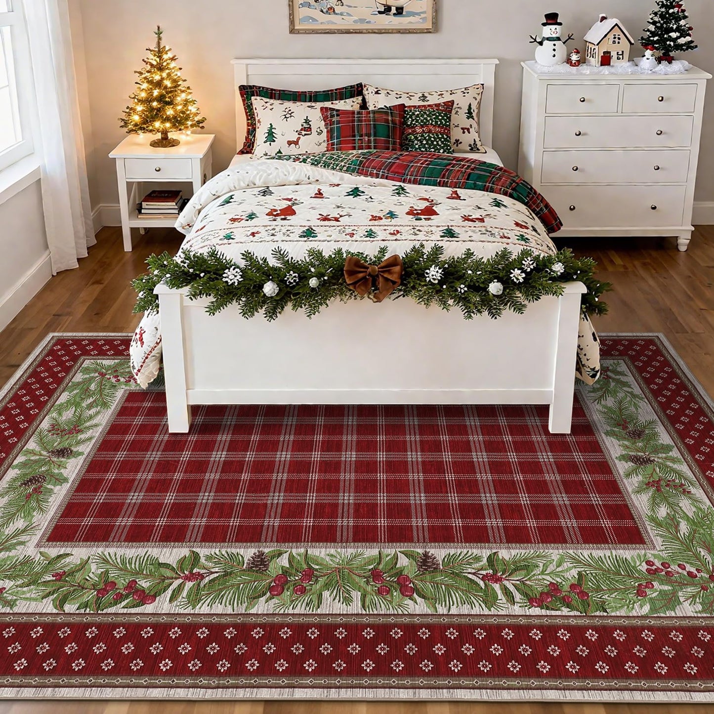 GarveeHome 5x7 Christmas Area Rug for Living Room: Machine Washable Christmas Area Rugs for Bedroom with Non-Slip Backing, Living Room Washable Carpet, Soft Low Pile Non-Slip Bedroom Carpet 5*7 ft Red