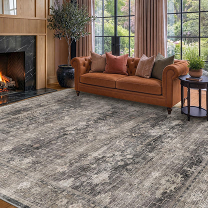 Modern 8x10 Charcoal and Beige Area Rug for Living Room, Washable Farmhouse Boho Rug for Bedroom, Distressed Oriental Geometric Design, Stain Resistant Low Pile Non-Slip Ultra Soft, Moody Décor