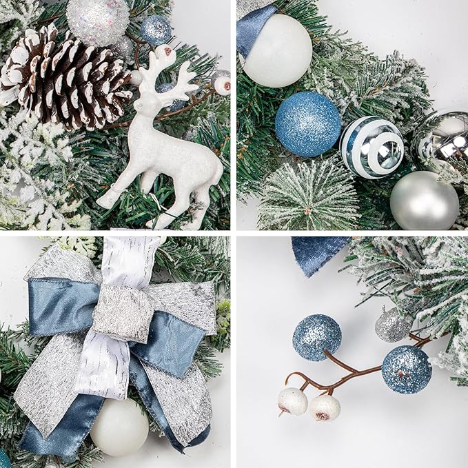 Christmas Garland for Front Door, 6 Foot Artificial Unlit Winter Garland with Pine Cones, Berry Clusters, Blue Ball Ornaments and Ribbons for Thanksgiving Holiday Christmas Decoration