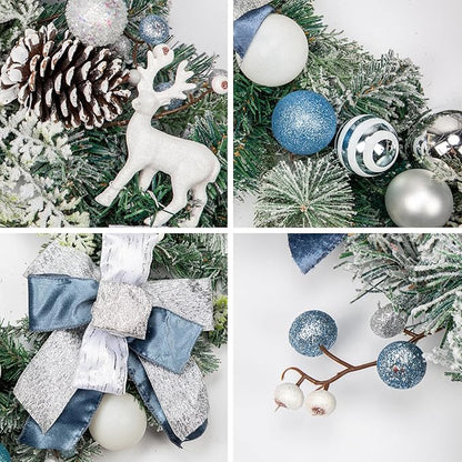 Christmas Garland for Front Door, 6 Foot Artificial Unlit Winter Garland with Pine Cones, Berry Clusters, Blue Ball Ornaments and Ribbons for Thanksgiving Holiday Christmas Decoration