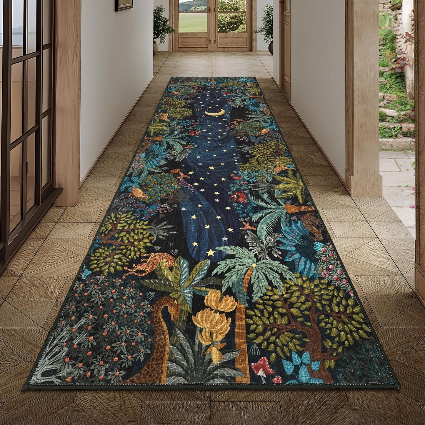 GarveeHome 2.5x8 Jungle Hallway Runner Rug, Soft Green Animal Long Kitchen Runner Non Slip Entryway Rug Farmhouse Thin Laundry Mat Stain Resistant Carpet for Bathroom Beside