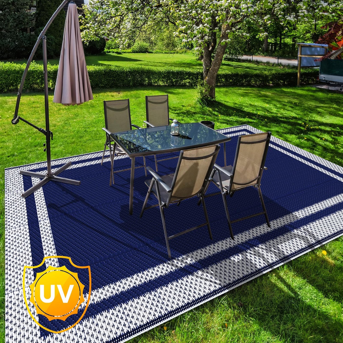 KMAT Outdoor Rug, Waterproof Reversible Patio Rugs, 5x8ft Large Outdoor Area Rug Foldable Plastic Camping Rugs for Outside RV, Patio,Picnic,Camper,Balcony,Porch (Blue &White)