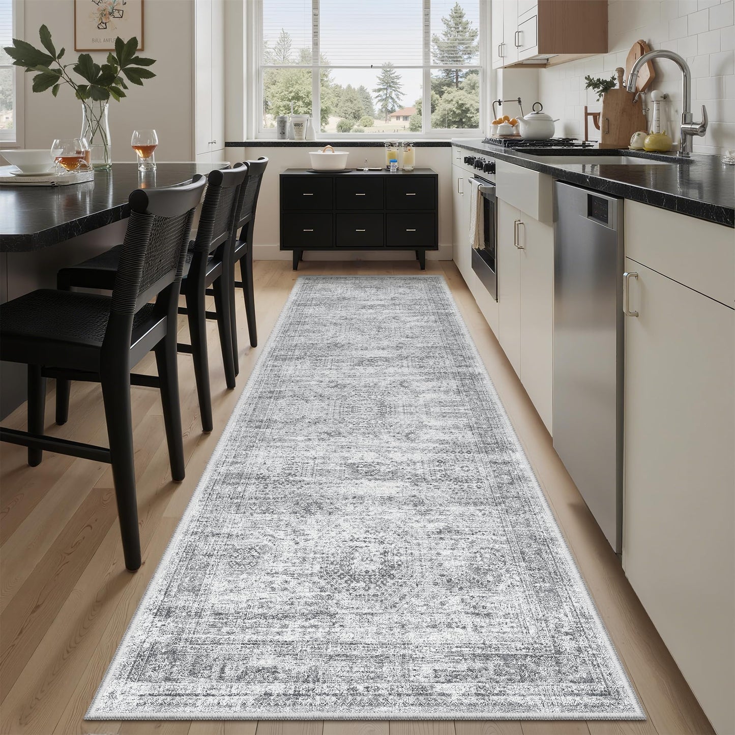 Soalmost Washable Runner Rug, 2'6" x 8' Non-Slip Kitchen Vintage Foldable Hallway Runners for Entryway, Laundry, Bedroom, Grey