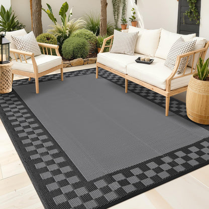 Checkered Outdoor Rug 8x10 Waterproof Modern Bordered Patio Rugs Plastic Straw Rug Large Indoor Outdoor Throw Carpets Reversible Mat for Picnic, Backyard, Rv, Beach, Deck, Camper, Balcony, Grey