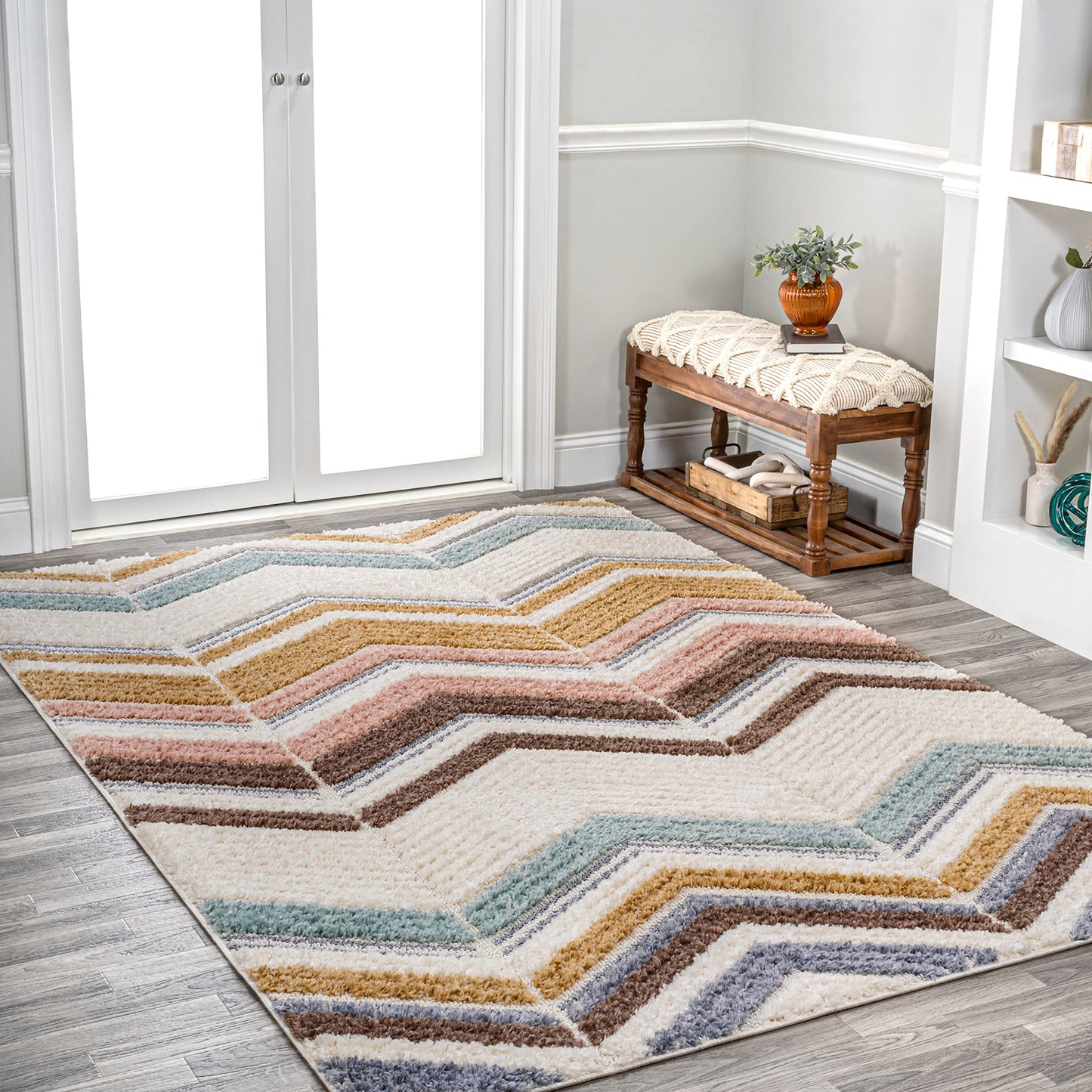 JONATHAN Y Chevron High-Low Multi/Cream Indoor Area Rug 3X5 ft, Elin for Living Room, Bedroom, Kitchen, Office, Easy-Cleaning, High Traffic, Pet-Friendly, Non-Shedding SNT101A-3