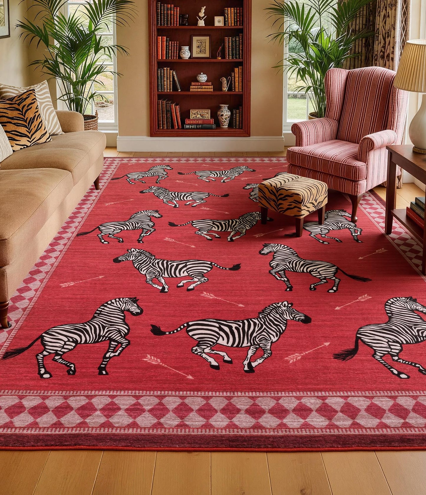 YIHOUSE Red Zebra Area Rugs 5×7, Washable Animal Print Rug with Checkered Border, Non-Slip Low Pile Mid-Century Modern Carpet for Living Room, Bedroom, Dining Room, Home Decor