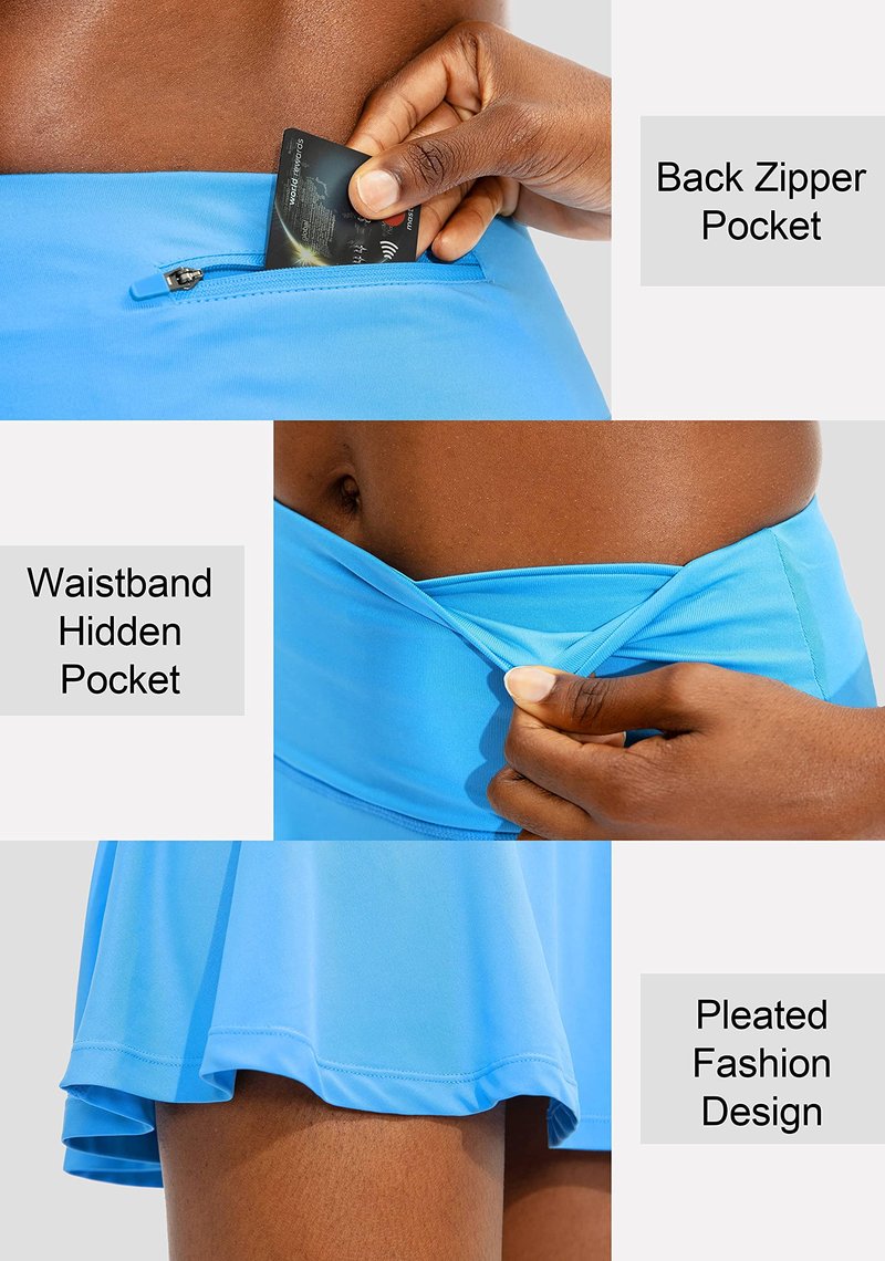 SANTINY Pleated Tennis Skirt for Women with 4 Pockets Women's High Waisted Athletic Golf Skorts Skirts for Running Casual (Light Blue_XXL)