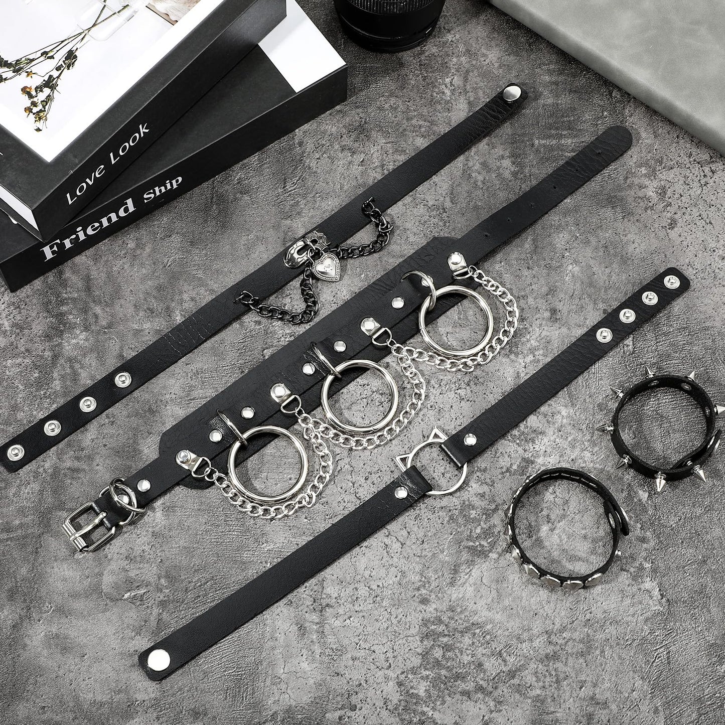 Afcabakila Black Punk Goth Choker Necklace & Spiked Studded Bracelets Set, 9 Adjustable PU Leather Collars & 6 Rivet Spiked Cuffs, Gothic Rock Metal Wristband for Daily Wear Cosplay Festival