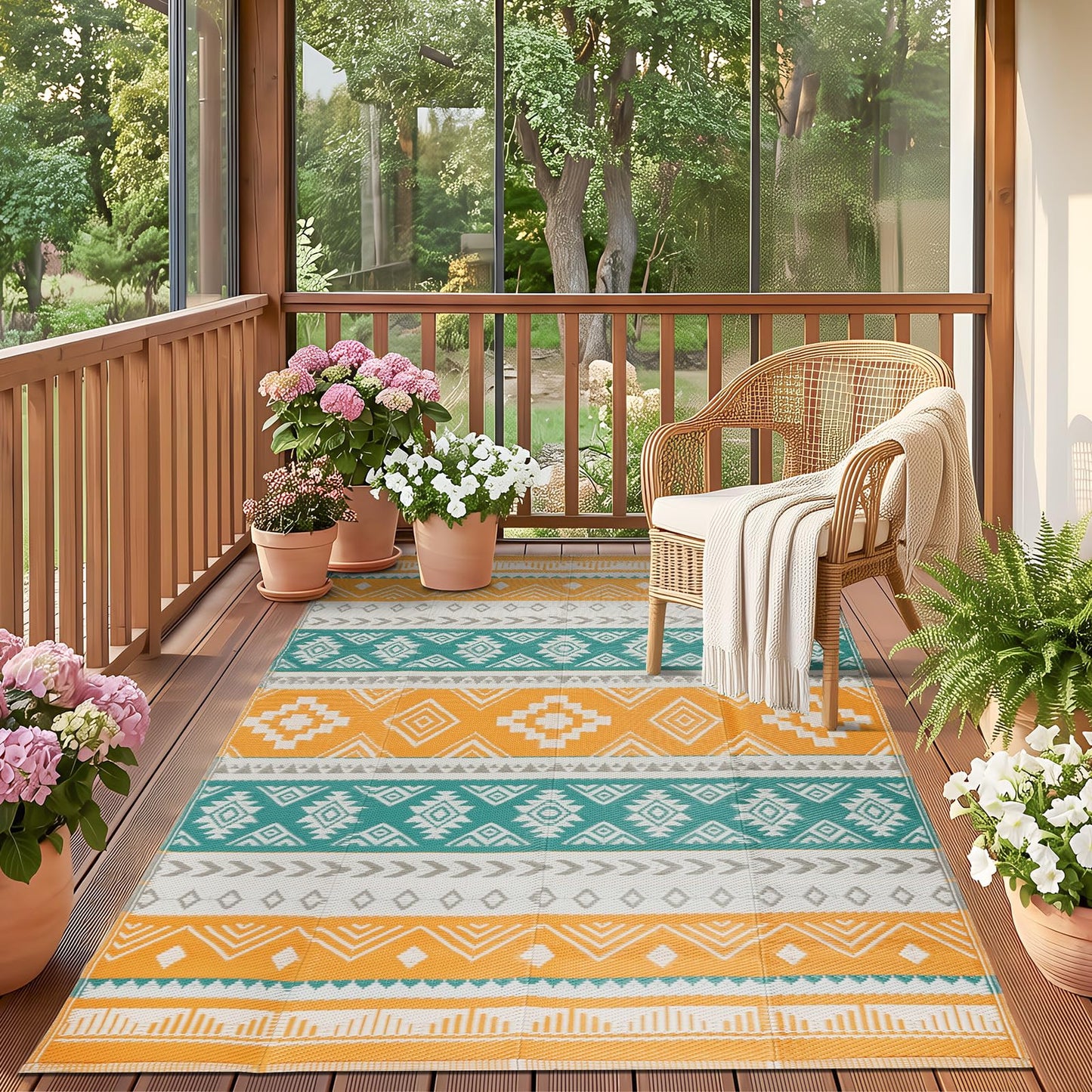 Outdoor Rug 5x8 ft Waterproof Reversible Plastic Straw Patio Camping Rug, Portable Indoor Outdoor RV Mat Carpet for Deck, Camper, Porch, Balcony, Backyard, Picnic, Yellow