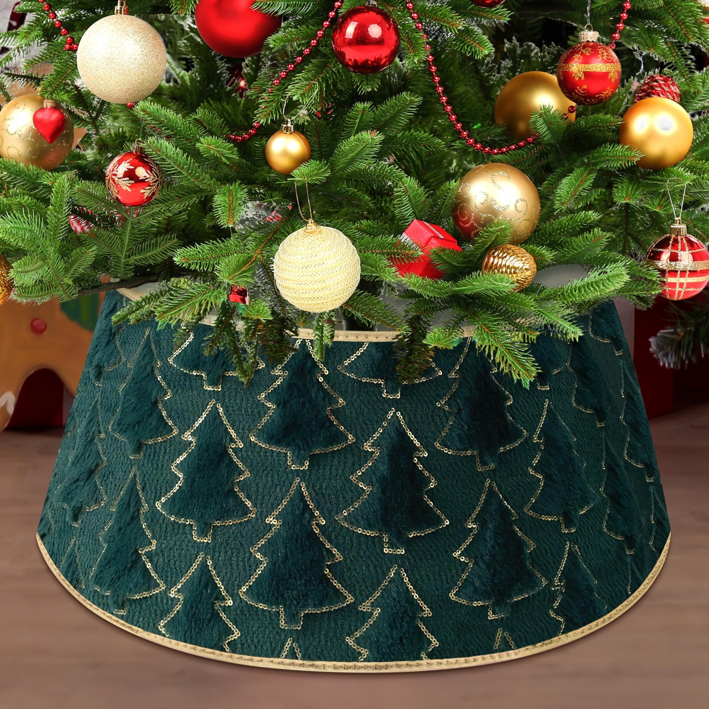 Faux Plush Christmas Tree Collar,Rustic Farmhouse Tree Skirt Ring with Xmas Tree Textured Pattern for Holiday Christmas Indoor Home Decor（Green）