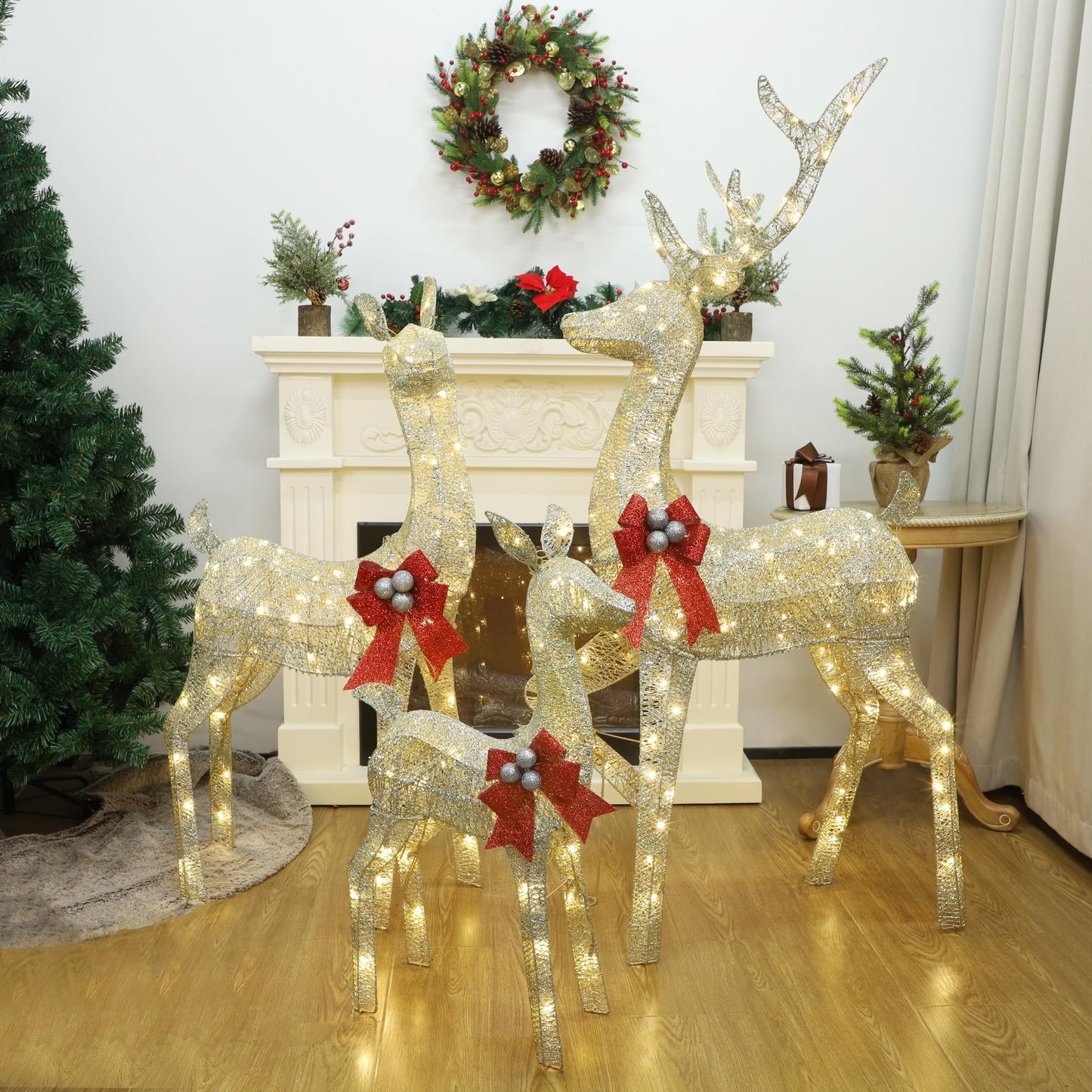 winemana 5ft Reindeer Christmas Outdoor Decorations, Set of 3 Extra Large Deer Yard Decor- Lighted 3D Reindeer Family Set for Outside Lawn Garden Xmas Holiday Party Decor (Gold)
