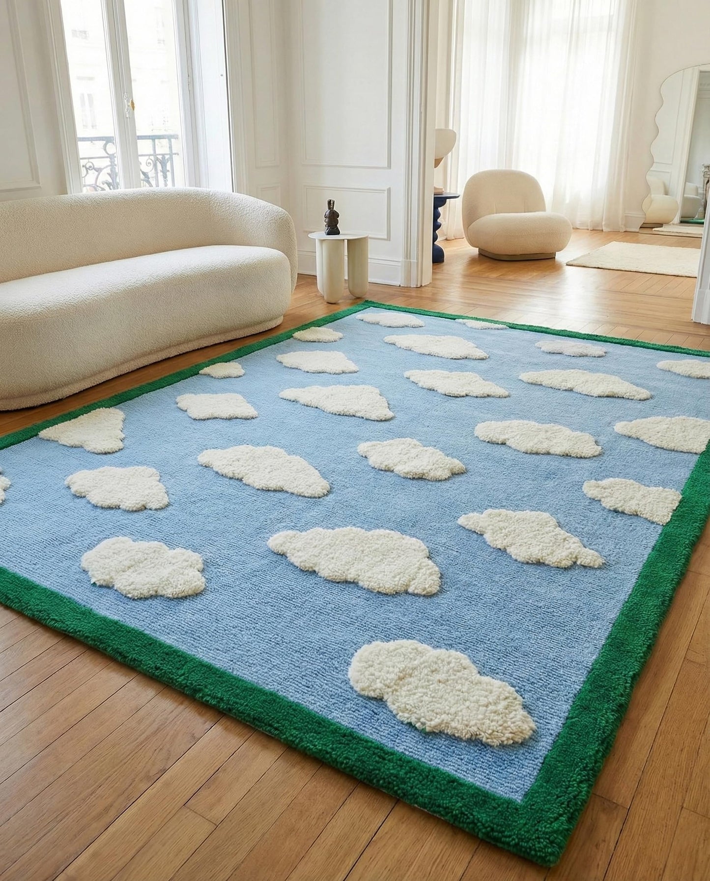 RUGORIA Hand-Tufted Cloud Pattern Wool Area Rug, 6' x 8' Sky Blue & Ivory Raised Cut-Pile Design with Green Border, Soft Plush & Durable Carpet for Kids Room, Living Room & Playroom