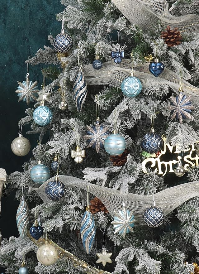 82Pcs Blue and Gold Christmas Ornaments Set,Plastic Assorted Christmas Decorations for Tree Shatterproof Baubles Snowflake Xmas Ball Ornaments for Holiday Party Decor (Blue&Gold)