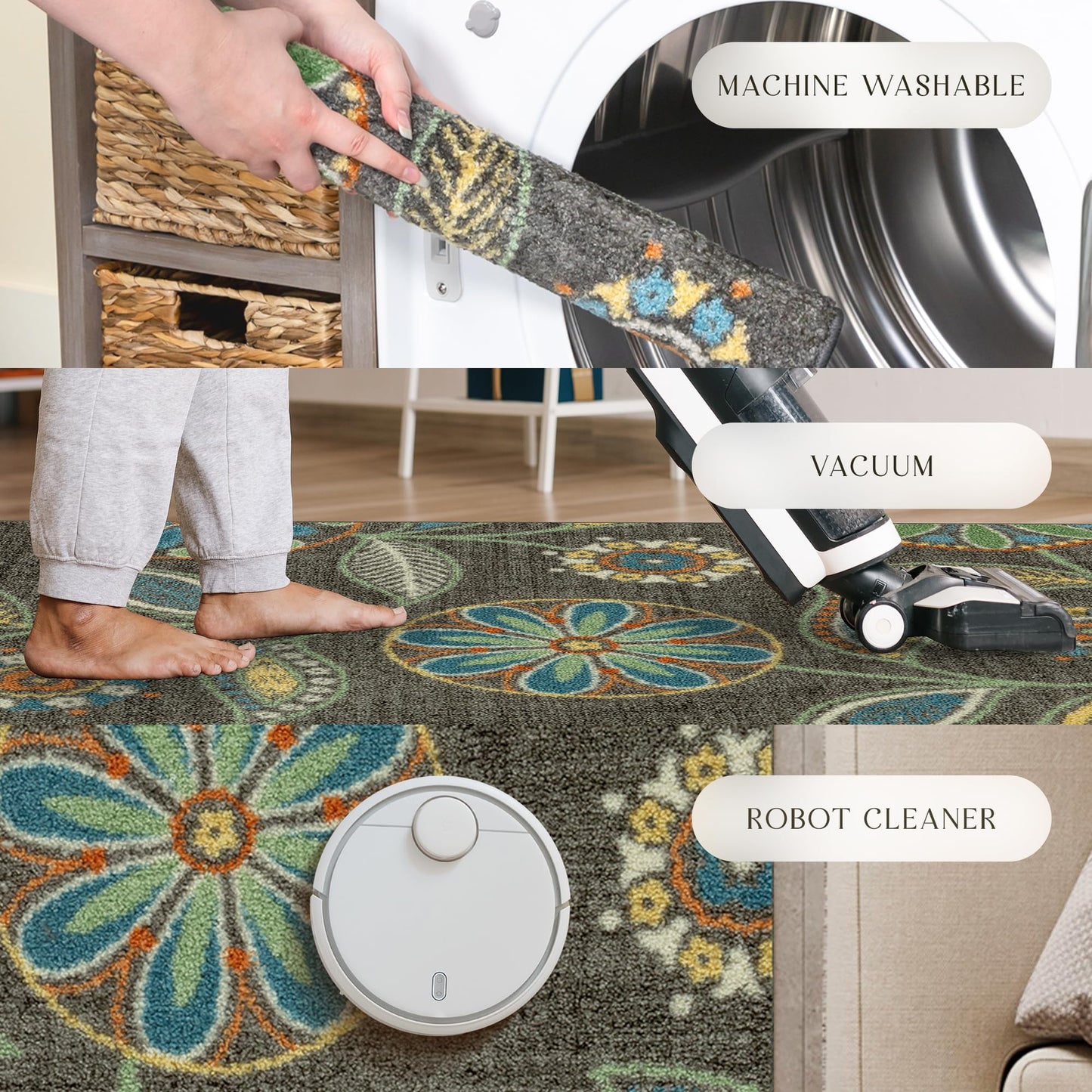 Maples Rugs Reggie Floral Runner Rug - Made in USA - Washable, Non Slip Indoor Carpet for Kitchen, Hallway, and Laundry Room, 2' x 6', Dark Grey