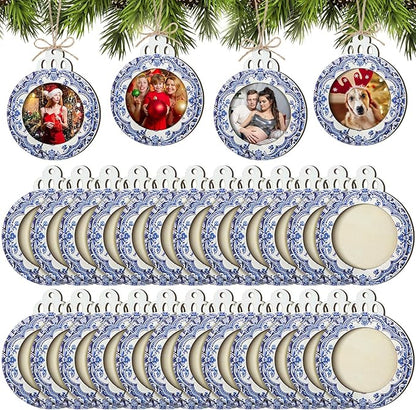 Blulu 24 Pcs Christmas Pictures Frame Ornaments Bulk Blue and White Chinoiserie Photo Frames Ornaments Wooden Blue Christmas to Put Pictures in Stocking Stuffers