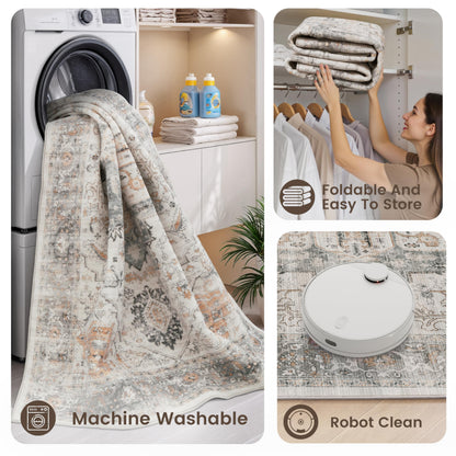 Rugland Washable Rugs 8x10 - Low Pile 8x10 Area Rugs, Anti Slip Stain Resistant Large Rugs for Living Room, Vintage Medallion Printed Machine Washable Area Rugs(8'x10', Taupe/Grey)