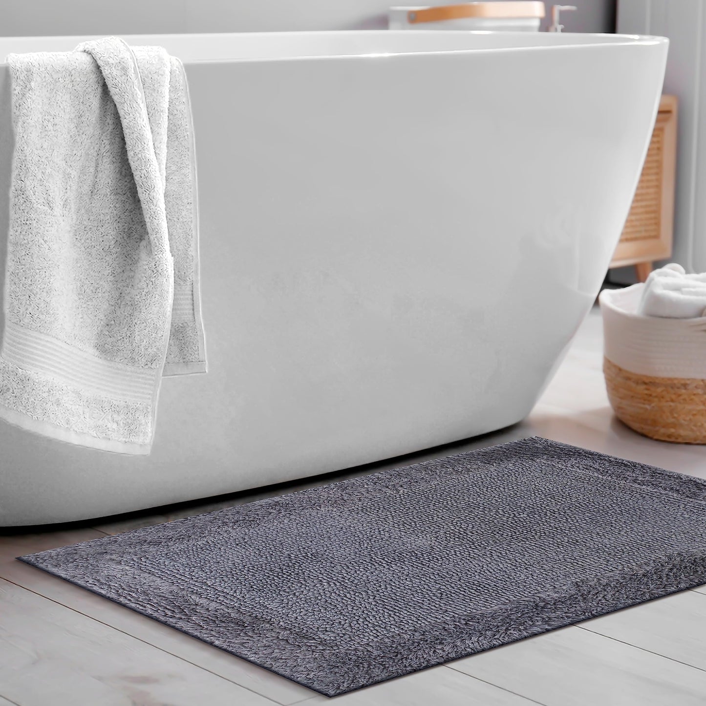 Bath Mat Rug 17x24" Rectangle Charcoal Grey, 100% Pure Cotton, Super Soft Reversible Bath Rug For Bathroom, Plush & Absorbent, Hand Tufted Heavy Weight Construction, Full Reversible Step Out Rugs