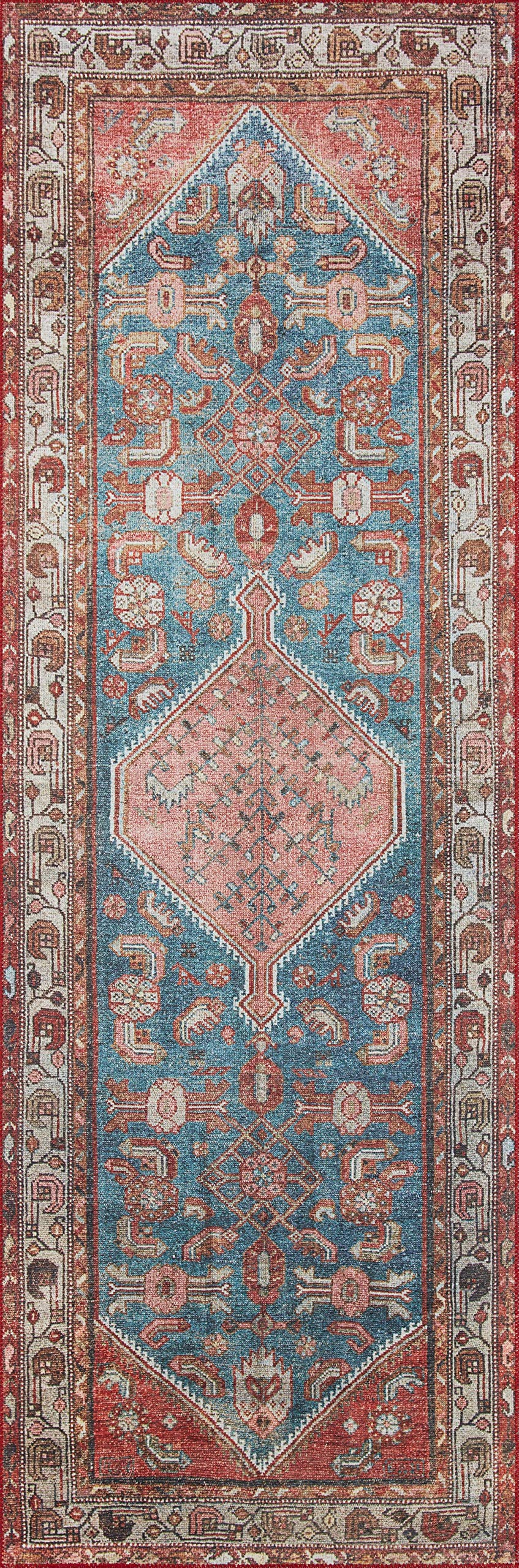 Loloi Layla Collection LAY-10 Marine/Clay 7'-6" x 9'-6" .13" Thick Area Rug, Soft, Durable, Vintage Inspired, Distressed, Low Pile, Non-Shedding, Easy Clean, Printed, Living Room Rug
