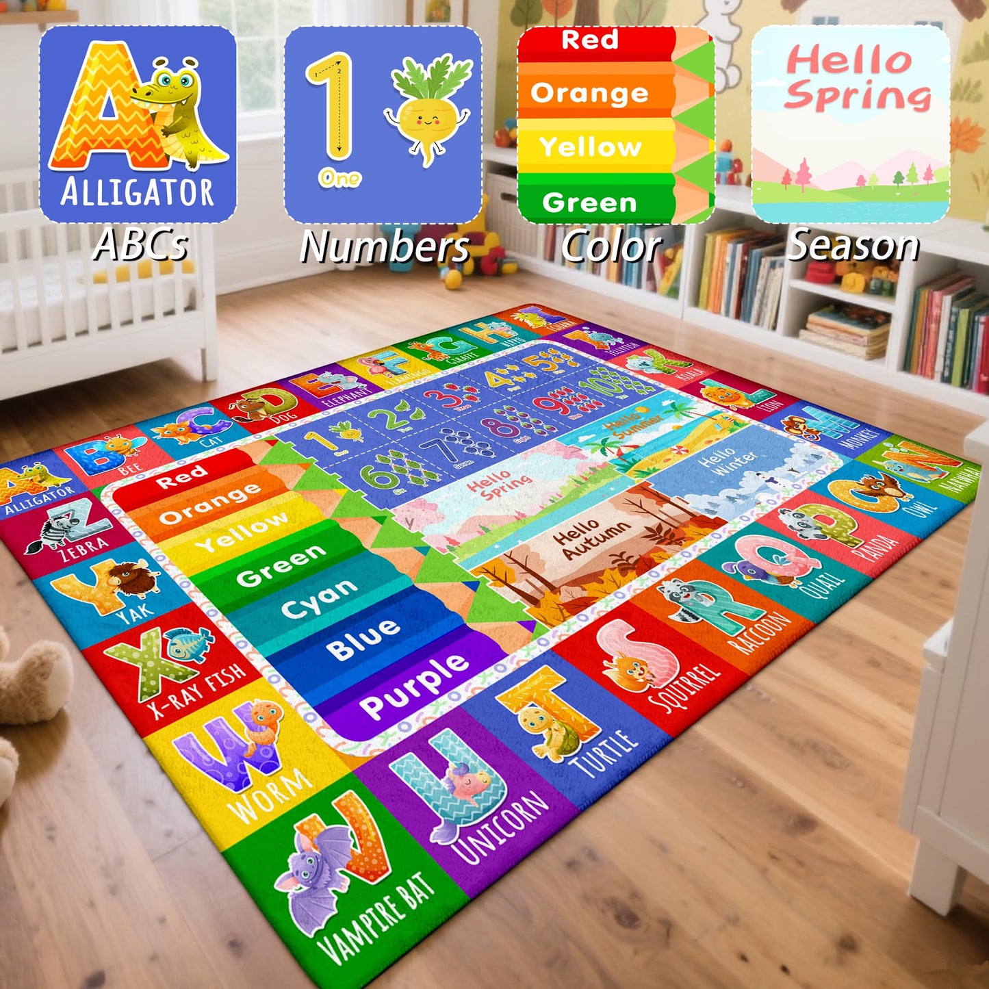 5x7 Kids Rug for Classroom & Playroom - ABC Alphabet Educational Area Rug with Animals Numbers & Colors - Non-Slip Carpet Playmat for Nursery Preschool Elementary