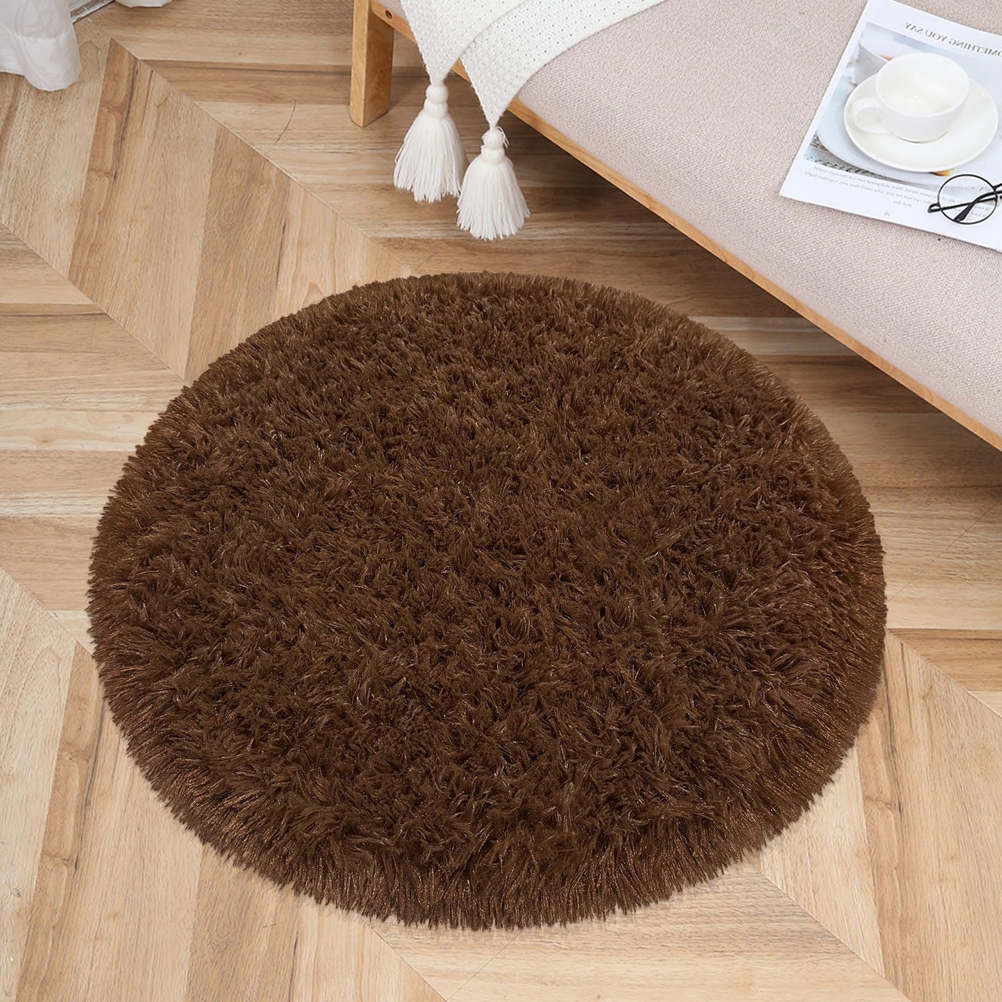 Fixseed Brown Round Area Rugs 3 Ft Small Fluffy Rug for Bedroom Shaggy Circle Rug, Soft Furry Carpet for Teen's Room Aesthetic Décor Circular Carpet for Baby Nursery Dorm Living Room Home Decor