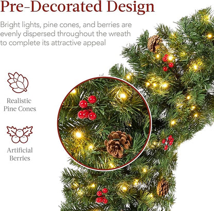 Best Choice Products 36in Pre-Lit Christmas Wreath w/Berries & Pinecones, Large Artificial Indoor/Outdoor Decor for Door, Mantel w/Red Bow, Plug-in