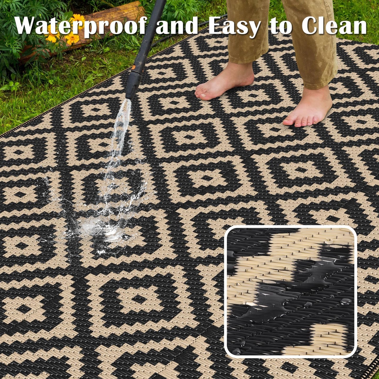 Mattitude Waterproof Outdoor Rug 5x8 Ft Outdoor Plastic Straw Rug Reversible Patio Rug Large Outdoor Carpet Area Rug for Patio Backyard Picnic Beach Camping RV Black & Beige