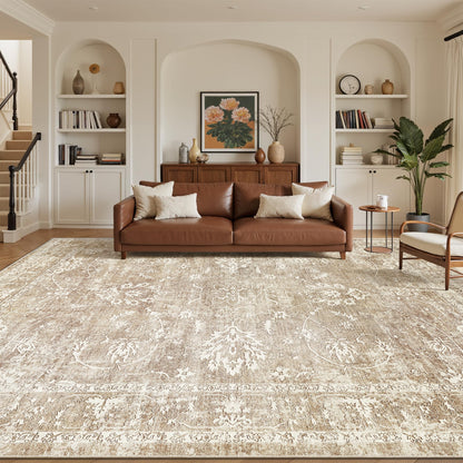 Madane 8x10 Area Rugs for Living Room, Machine Washable Vintage Neutral Rug with Non-Slip Backing, Soft Large Throw Rug, Thin Carpet for Bedroom Dining Room Farmhouse (8 x 10, Beige/Brown)