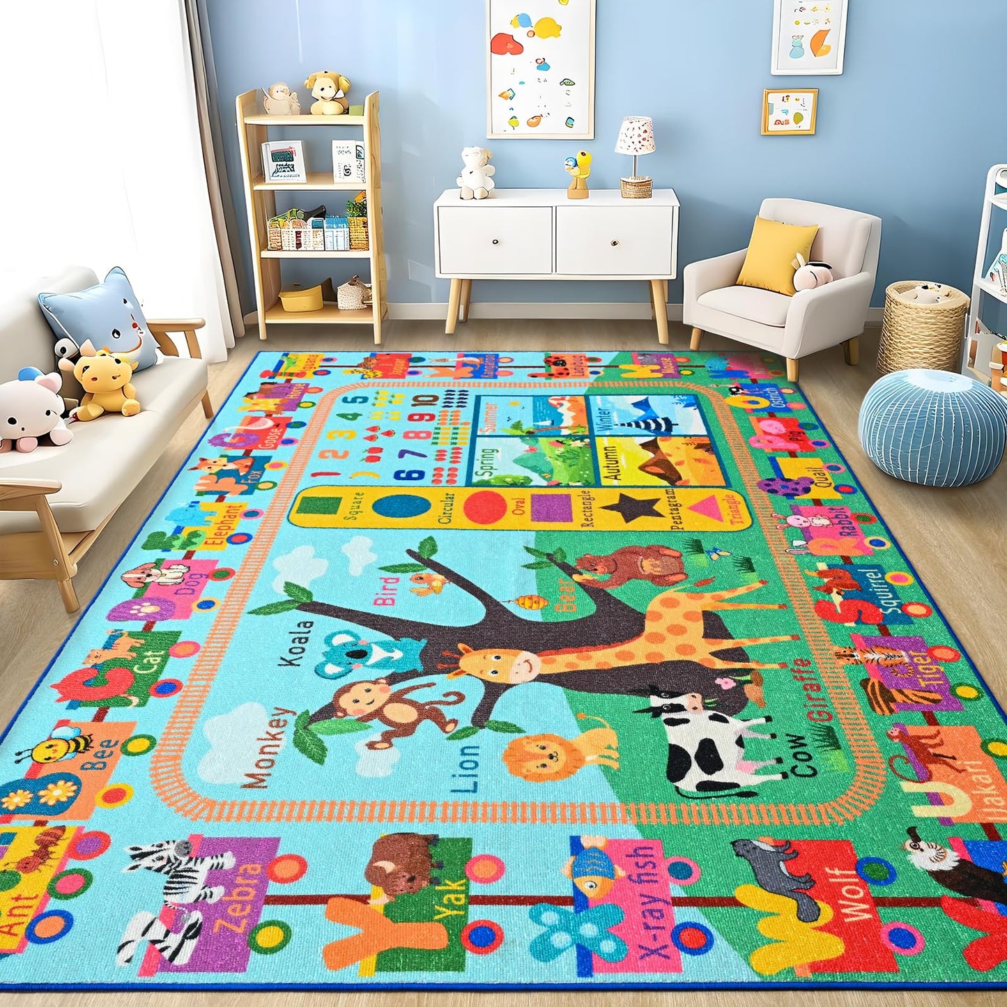 Zedrew Kids Rug for Playroom, 4x6 ABC Educational Carpet for Classroom, Fun Alphabet Area Rugs for Learn Numbers Season Animal Weather and Shapes Playmat for Girls Boys Room Nursery Decor