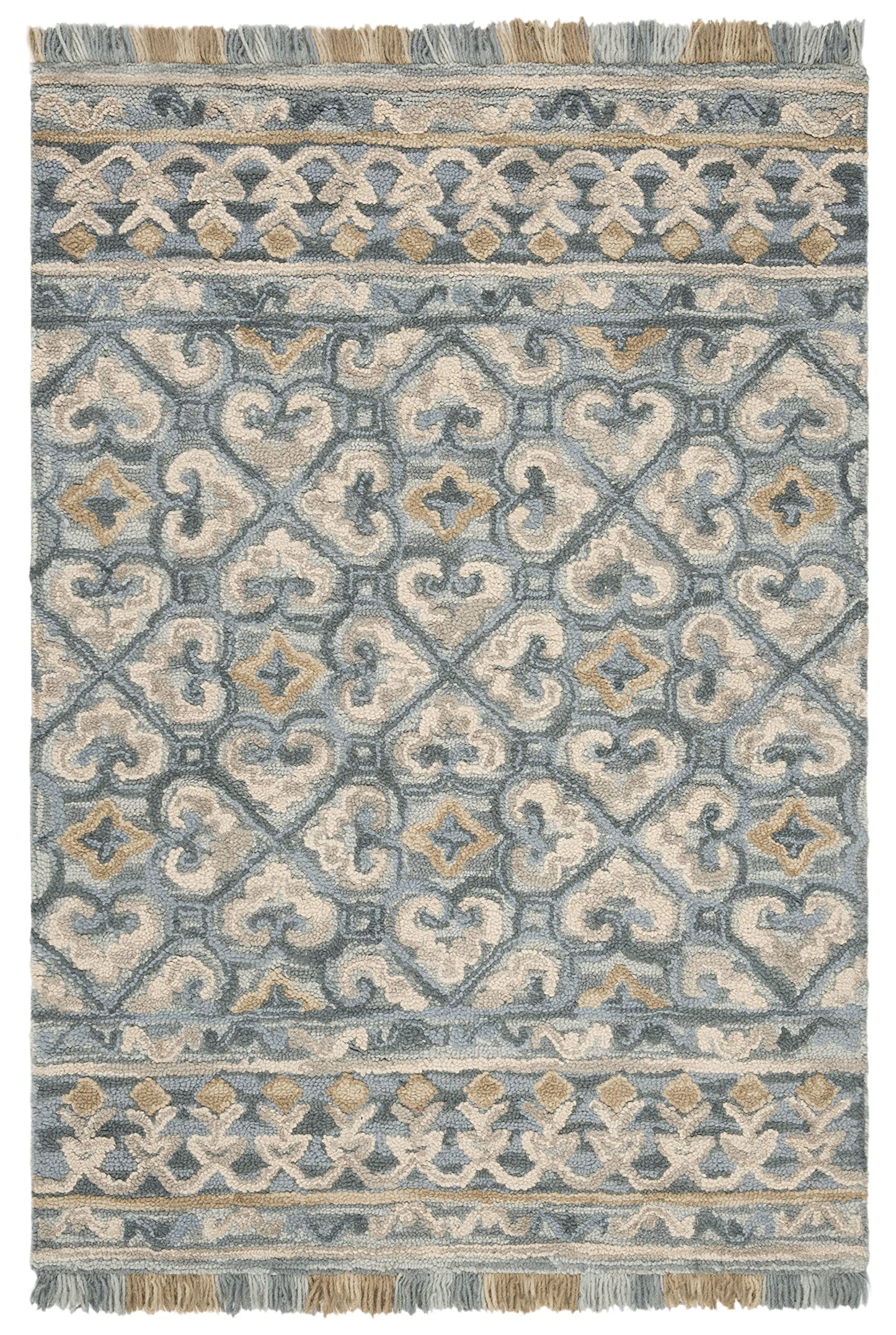 SAFAVIEH Blossom Collection 4' x 6' Light Beige/Blue BLM420A Handmade Fringe Premium Wool Area Rug