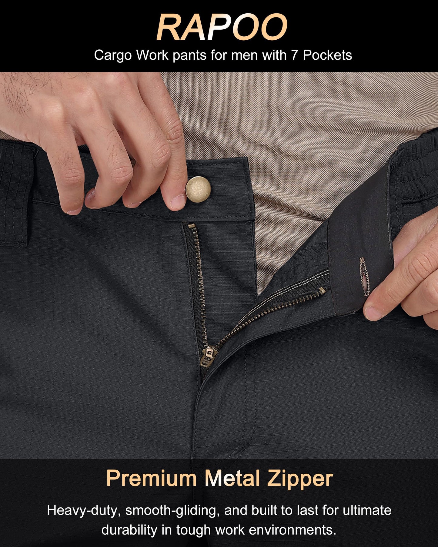 Rapoo Tactical Pants for Men Cargo Working Army Fishing Hiking Pants for Men with Pockets Elastic Waist Mens Ripstop Construction Carpenter Outdoor Pants Black 32Wx34L