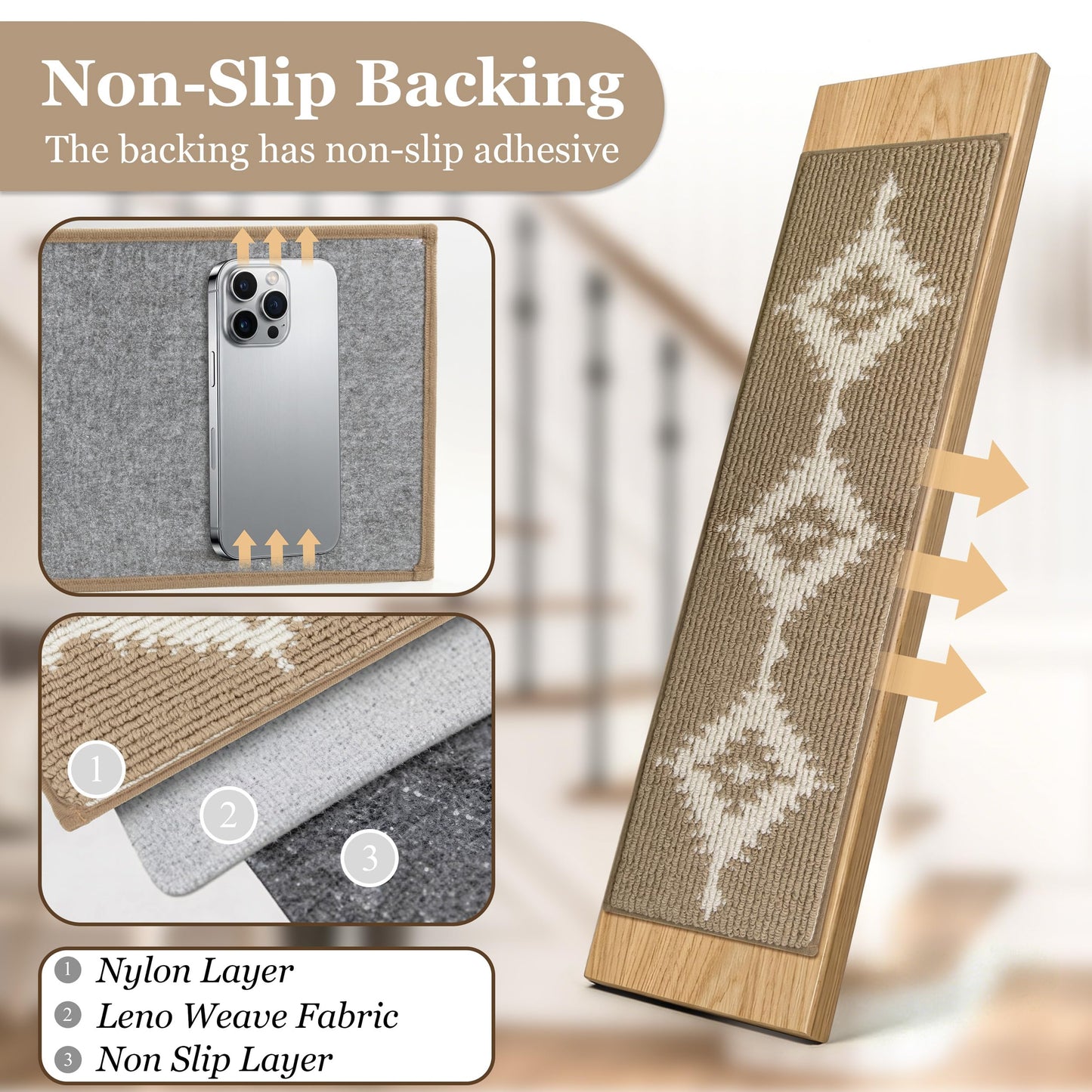 TANVILL Stair Treads for Wooden Steps, Non-Slip Peel and Stick Carpet Stair Runner, Boho Pet Friendly Indoor Stair Protectors, Soft Washable Reusable,8x30 15Pcs,Brown