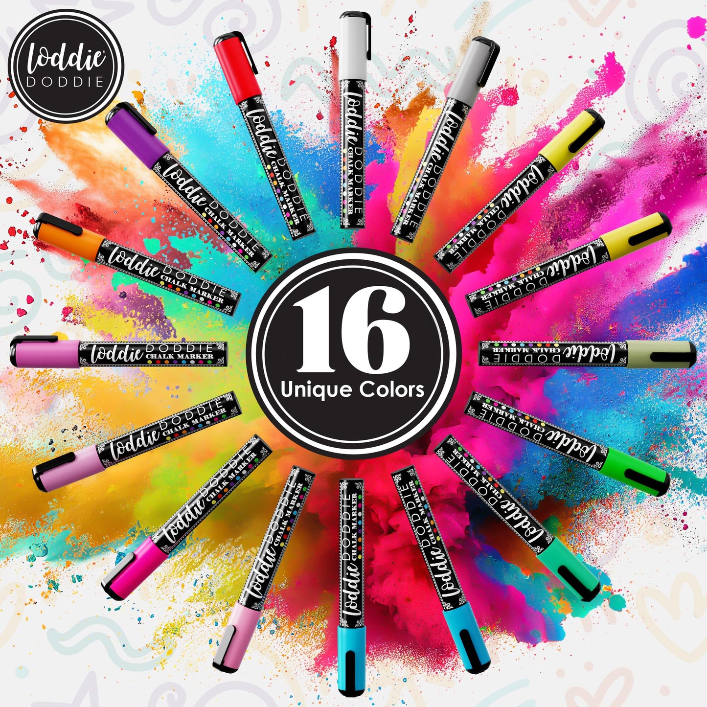 Loddie Doddie Chalk Markers - Pack of 16, Reversible 6mm Tips - Vibrant Chalkboard Designs with Chalkboard Markers - Easy Erase on Glass & Whiteboards with Dry Erase Pen